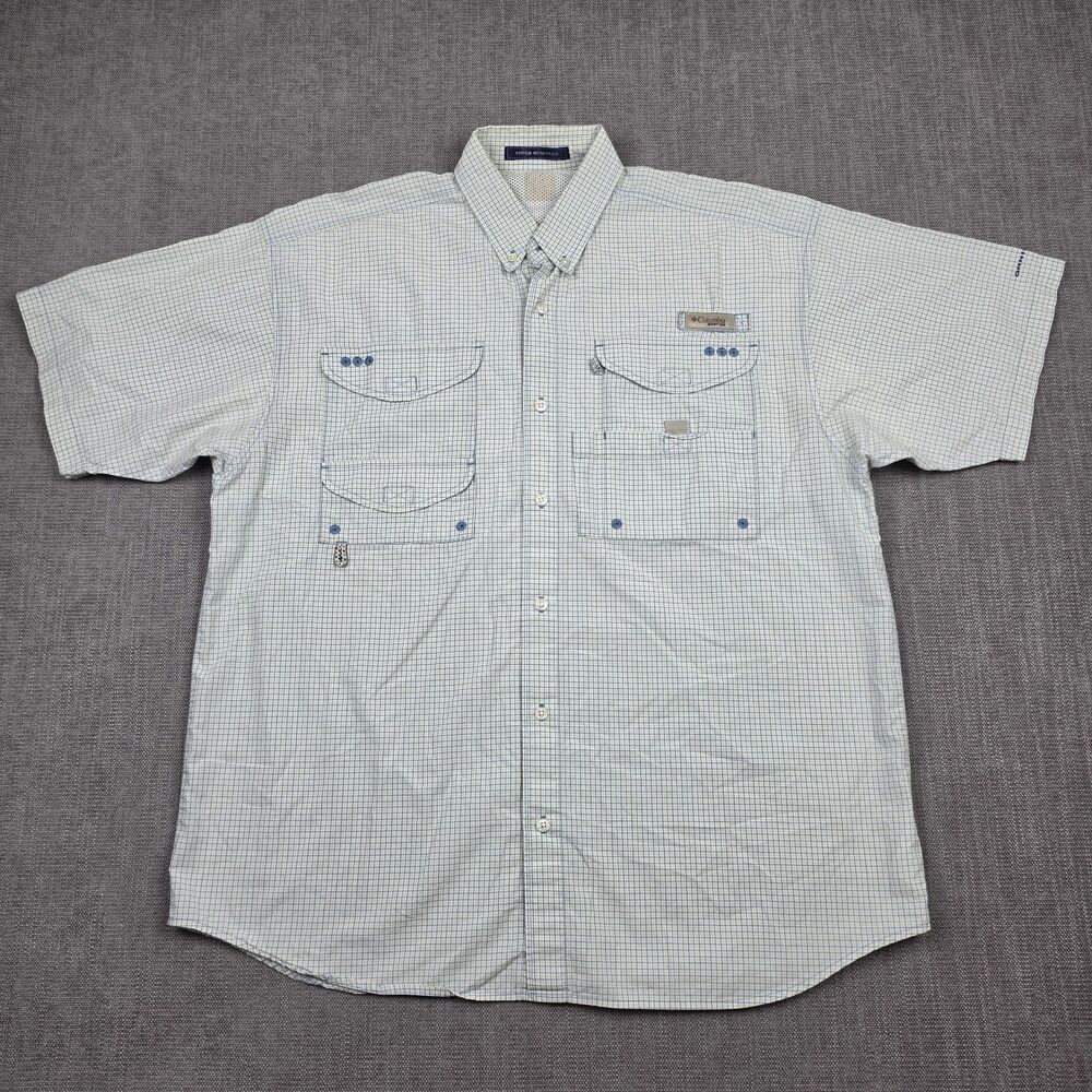 Columbia PFG Mens Shirt L Green Super Bonehead Plaid Short Sleeve Fishing Button